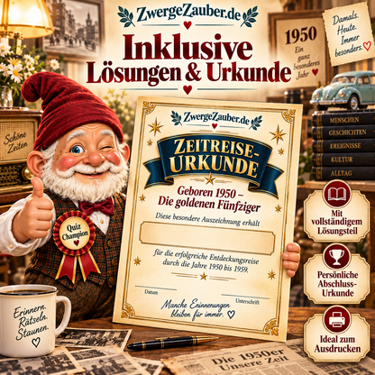 Zwicki zeigt die persönliche Zeitreise-Urkunde des Geboren-1950-Quiz, ergänzt durch fünf Lösungsseiten zum Nachschlagen.