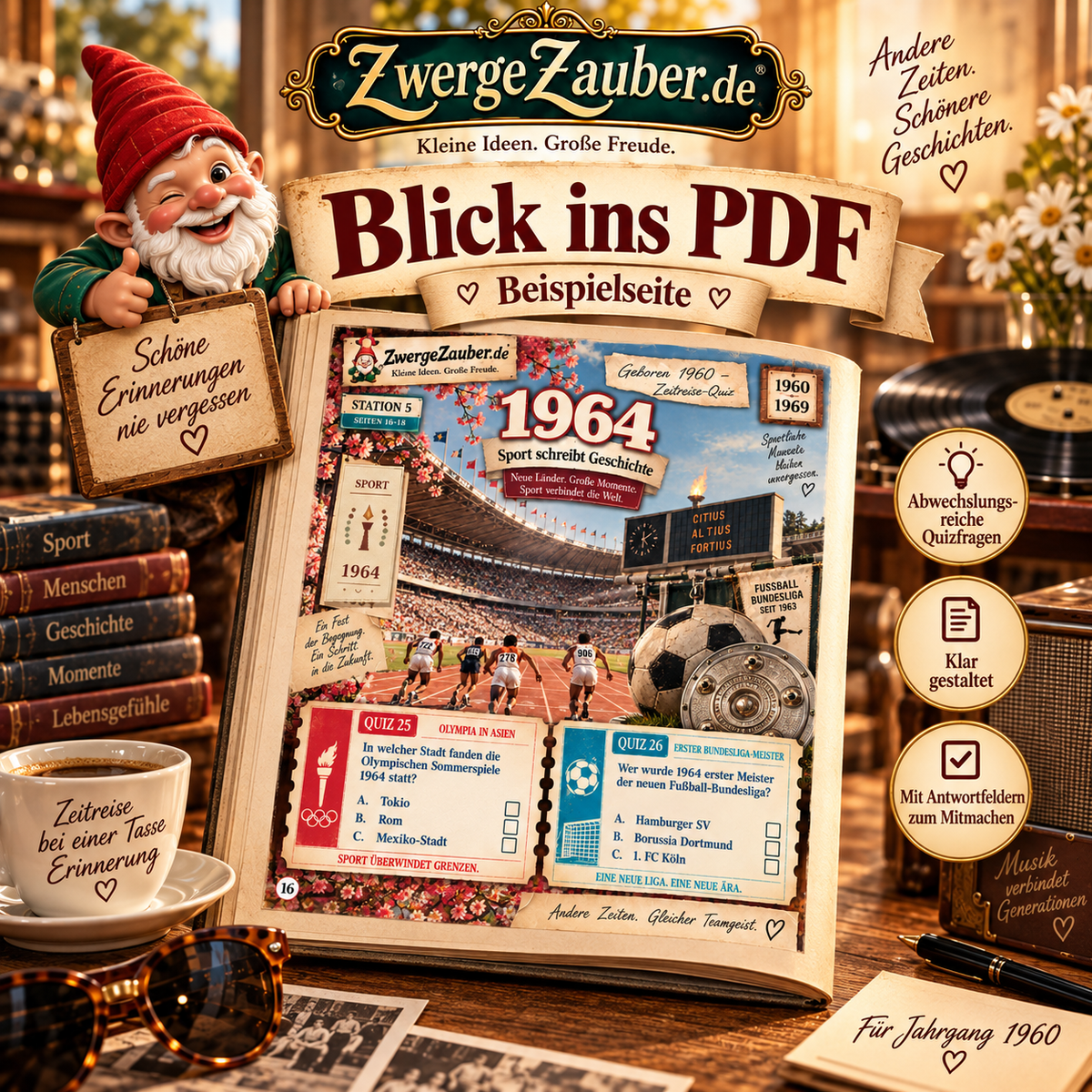 Beispielseite aus dem Geboren 1960 Zeitreise-Quiz mit Sportfragen zu den Olympischen Spielen 1964 und der ersten Fußball-Bundesliga.