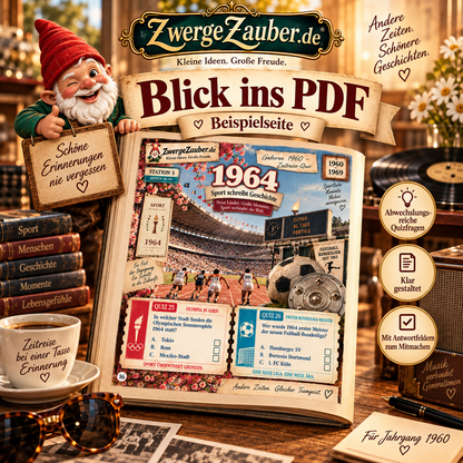 Beispielseite aus dem Geboren 1960 Zeitreise-Quiz mit Sportfragen zu den Olympischen Spielen 1964 und der ersten Fußball-Bundesliga.