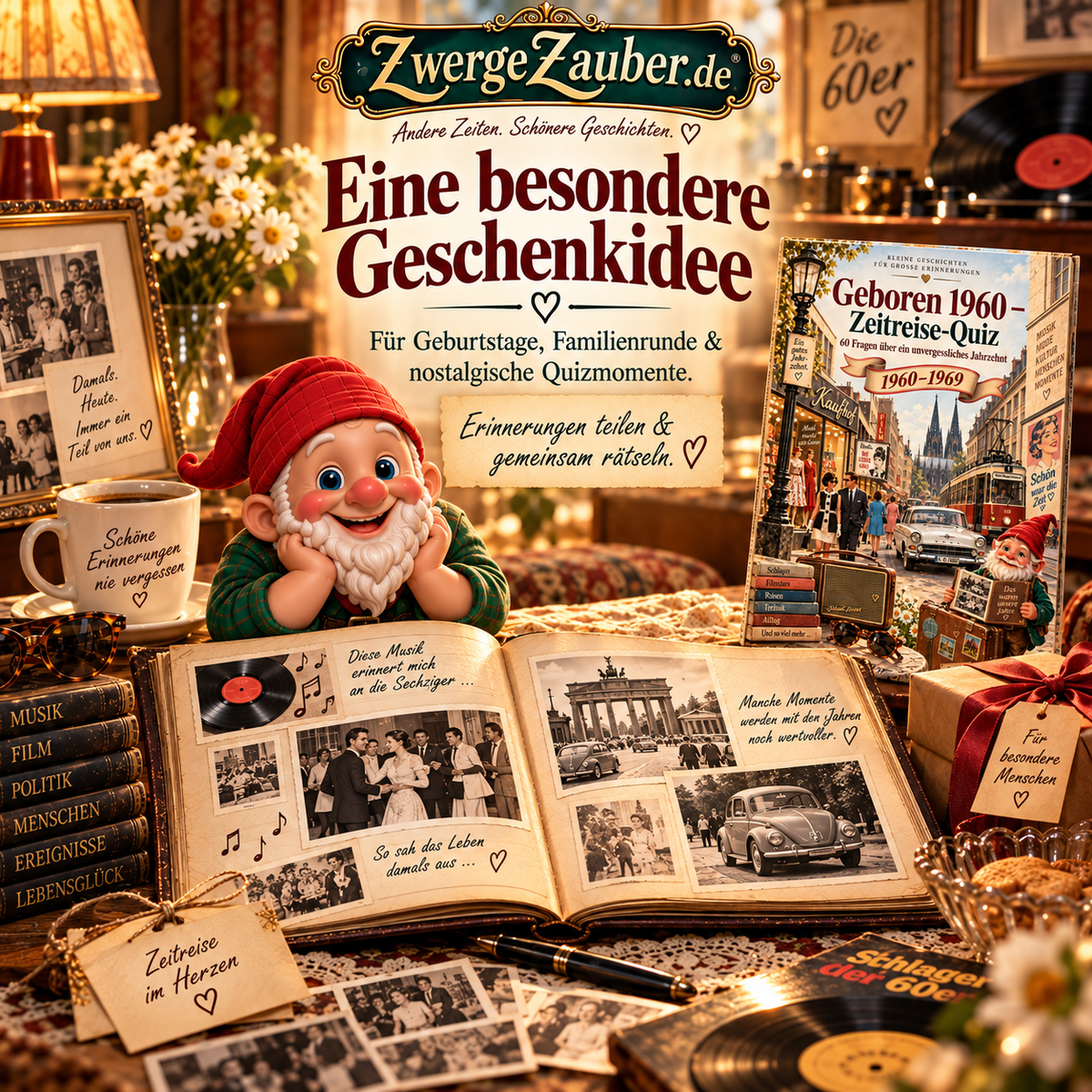 Geschenkidee für Jahrgang 1960: Nostalgisches Zeitreise-Quiz als PDF mit Zwicki, Erinnerungsalbum und 60 Fragen über die 1960er-Jahre.