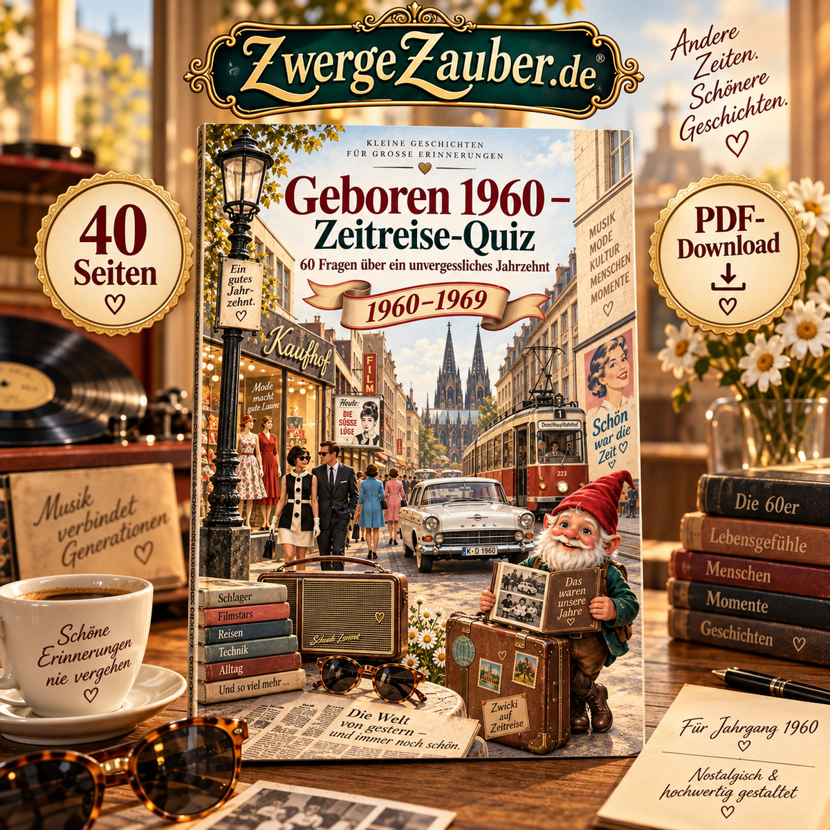 Geboren 1960 Zeitreise-Quiz von ZwergeZauber mit Zwicki, nostalgischer Straßenszene der 1960er-Jahre, 40 Seiten und PDF-Download.