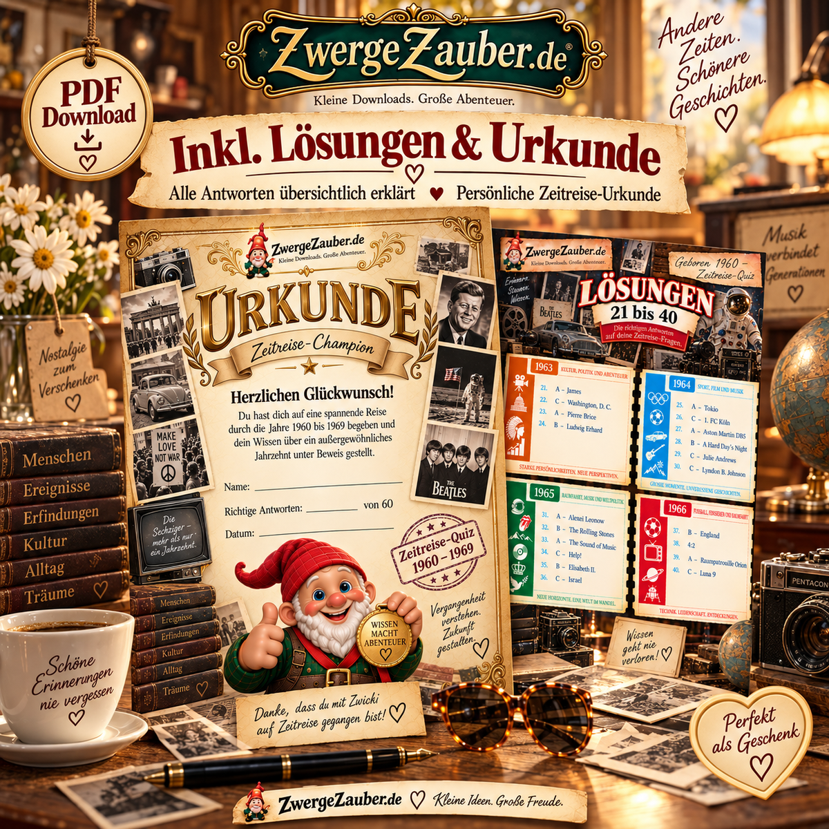 Geboren 1960 Zeitreise-Quiz inklusive Lösungsseiten und persönlicher Zeitreise-Urkunde mit Zwicki im nostalgischen ZwergeZauber-Design.