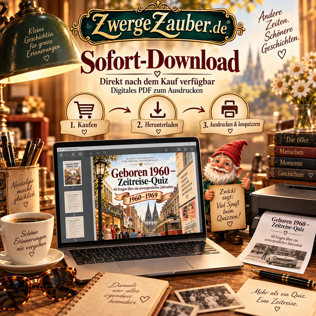 Sofort-Download des Geboren 1960 Zeitreise-Quiz als PDF mit Laptop-Vorschau und den Schritten Kaufen, Herunterladen und Ausdrucken.