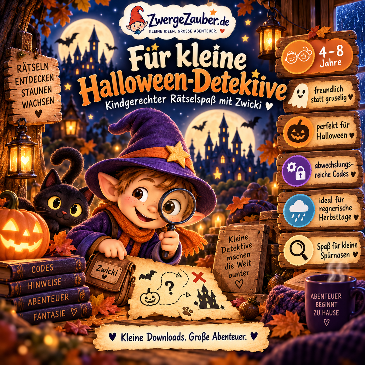 Halloween-Detektiv Rätselspaß für Kinder von 4 bis 8 Jahren mit abwechslungsreichen Geheimcodes und Zwicki im kinderfreundlichen Halloween-Design.