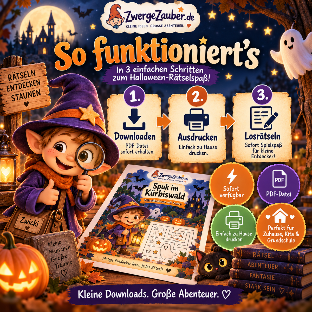 Digitales Halloween-Geheimcodes PDF herunterladen, zu Hause ausdrucken und direkt losrätseln – Beschäftigung für Kinder von 4 bis 8 Jahren.