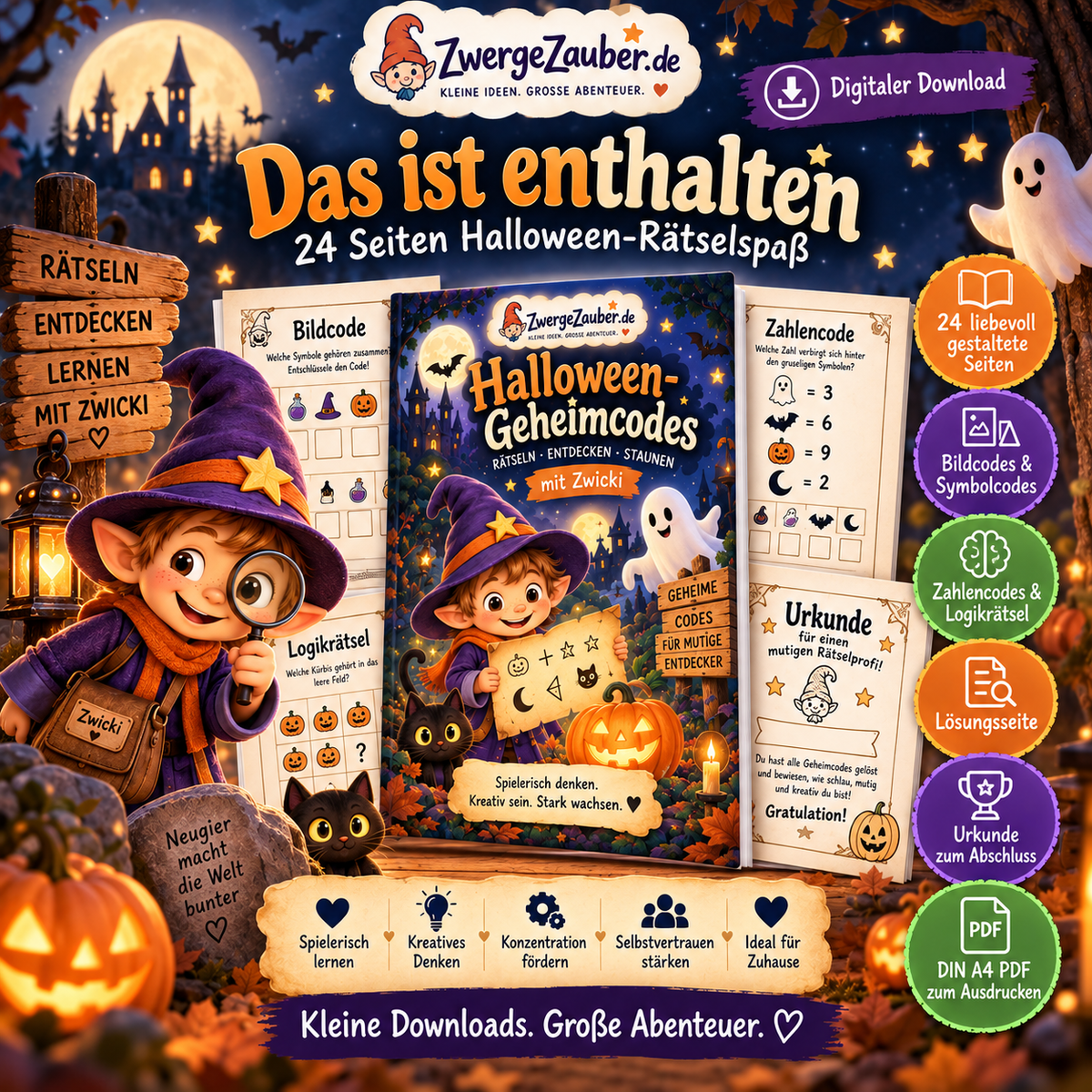 Inhalt des Halloween-Geheimcodes PDF von ZwergeZauber mit 24 Seiten, Bildcodes, Symbolcodes, Zahlencodes, Logikrätseln, Lösungen und Urkunde.