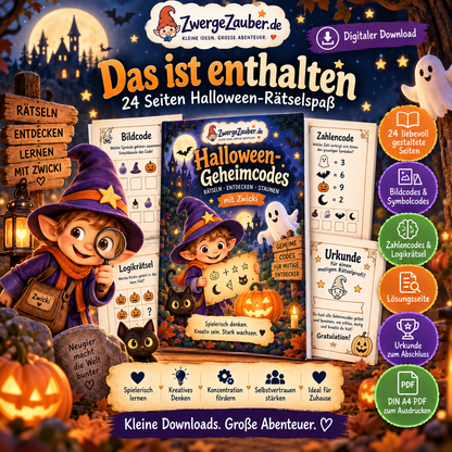 Inhalt des Halloween-Geheimcodes PDF von ZwergeZauber mit 24 Seiten, Bildcodes, Symbolcodes, Zahlencodes, Logikrätseln, Lösungen und Urkunde.