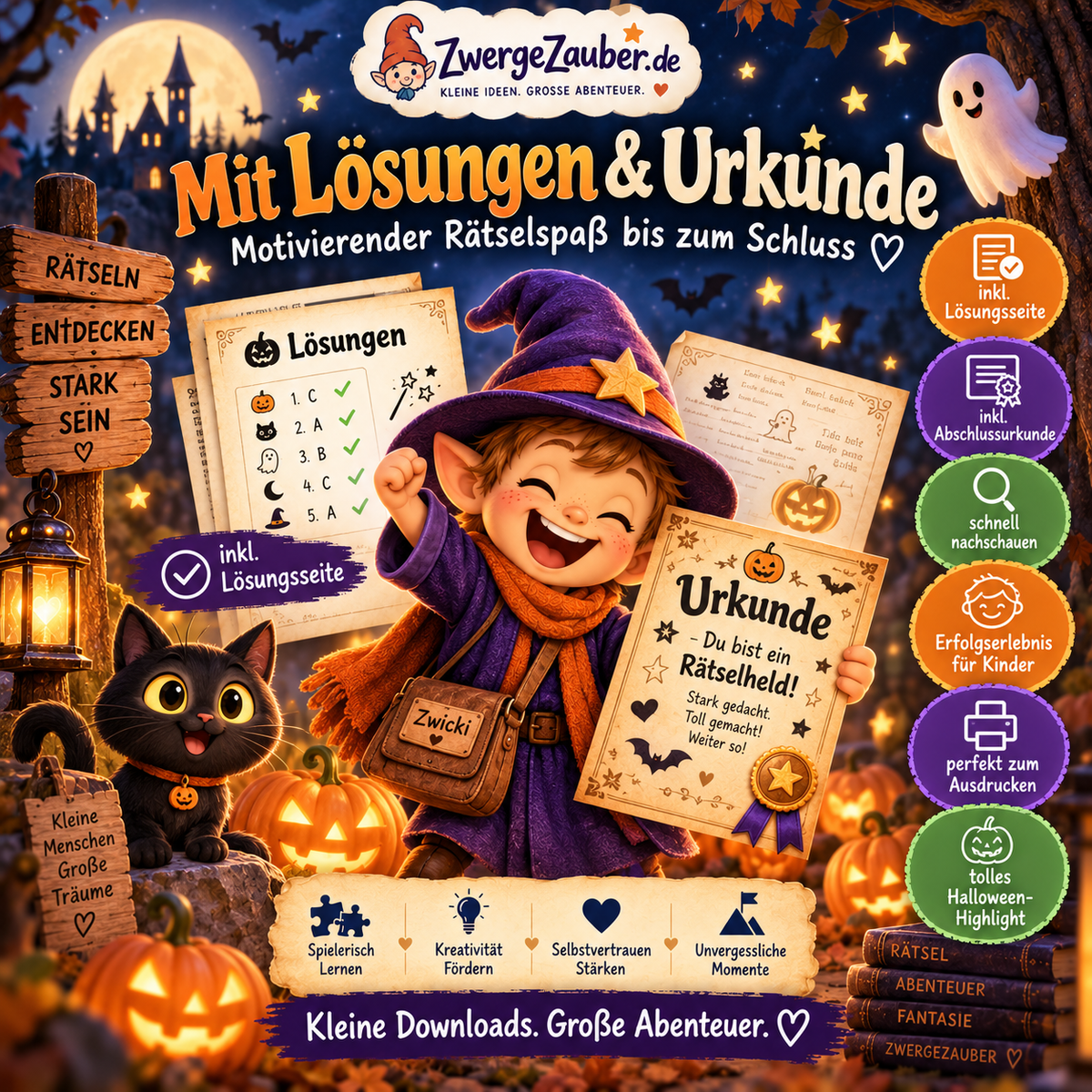 Halloween-Rätselheft mit Lösungsseite und Abschlussurkunde für Kinder – motivierender Geheimcode-Rätselspaß mit Zwicki.