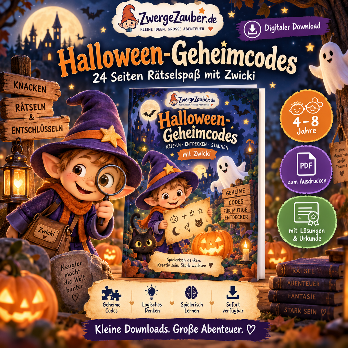 Halloween-Geheimcodes für Kinder von 4 bis 8 Jahren als digitales Rätsel-PDF mit Zwicki, 24 Seiten zum Knacken, Rätseln und Entschlüsseln.