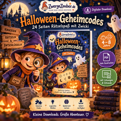 Halloween-Geheimcodes für Kinder von 4 bis 8 Jahren als digitales Rätsel-PDF mit Zwicki, 24 Seiten zum Knacken, Rätseln und Entschlüsseln.