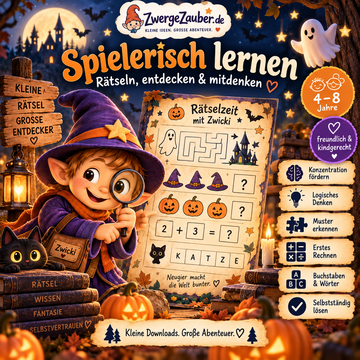 Spielerisch lernen mit Halloween-Geheimcodes für Kinder – Rätsel zu Logik, Konzentration, Mustern, Zahlen und Buchstaben mit Zwicki.