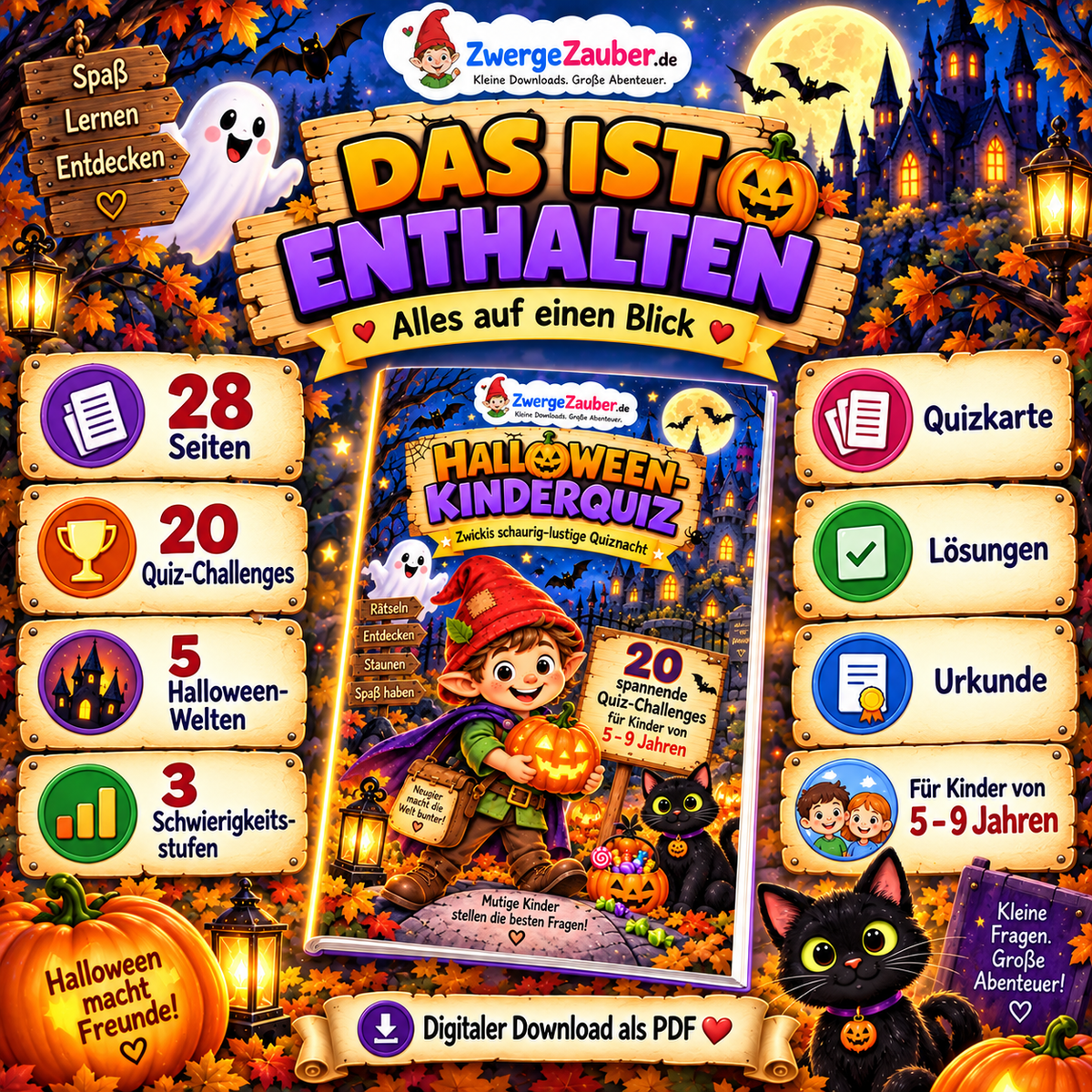 Inhalt des Halloween-Kinderquiz mit 28 Seiten, 20 Quiz-Challenges, fünf Halloween-Welten, Quizkarte, Lösungen und Urkunde