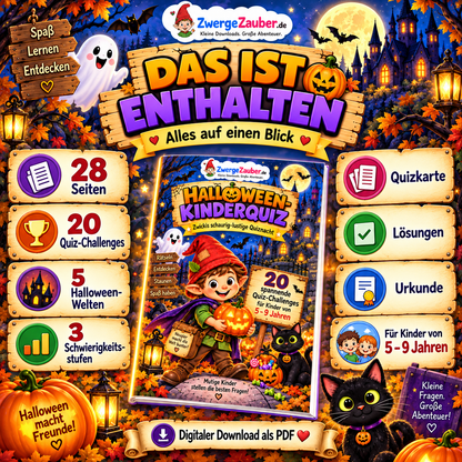 Inhalt des Halloween-Kinderquiz mit 28 Seiten, 20 Quiz-Challenges, fünf Halloween-Welten, Quizkarte, Lösungen und Urkunde