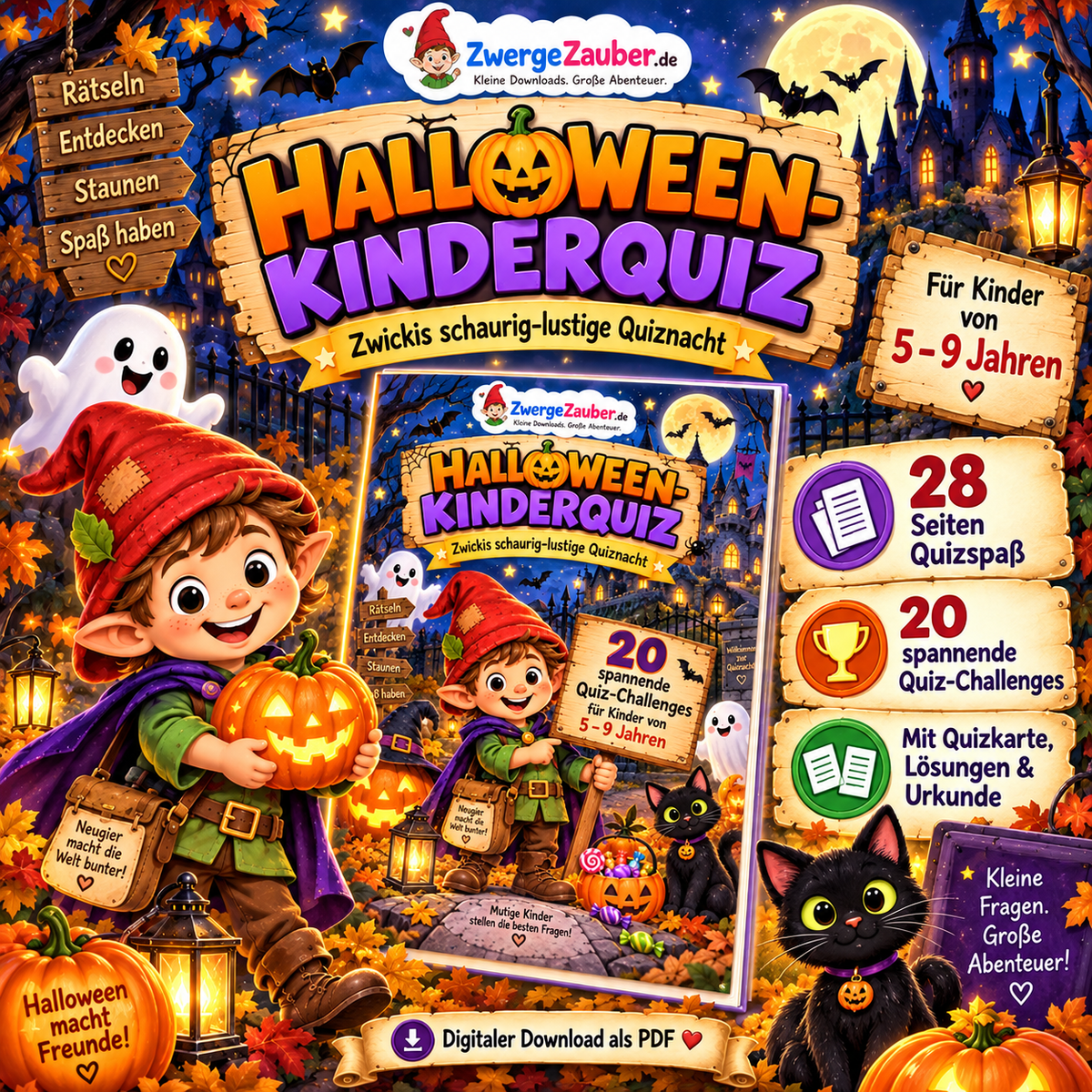 Halloween-Kinderquiz als PDF für Kinder von 5 bis 9 Jahren mit Zwicki, 28 Seiten und 20 Quiz-Challenges von ZwergeZauber.de