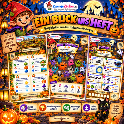 Beispielseiten aus dem Halloween-Kinderquiz mit Kürbis-Wissen, Monster-Suchbild und Halloween-Finale für Kinder