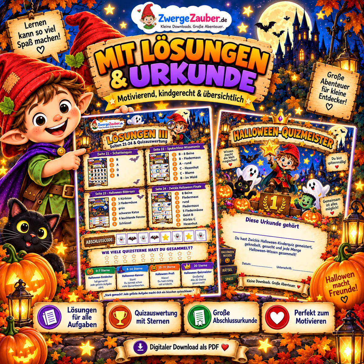Halloween-Kinderquiz mit ausführlichen Lösungsseiten, Quizauswertung und Halloween-Quizmeister-Urkunde zum Ausdrucken