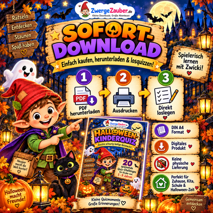 Halloween-Kinderquiz als digitaler Sofort-Download im PDF-Format zum Ausdrucken für Kinder von 5 bis 9 Jahren