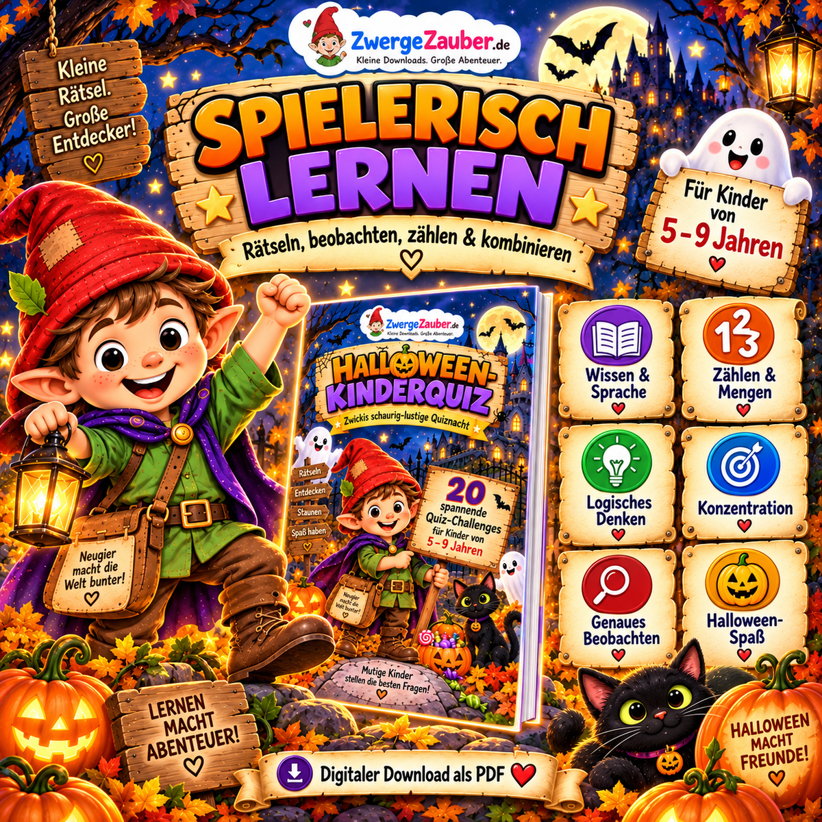 Spielerisches Halloween-Lernen für Kinder mit Rätseln, Zählen, Wissen, Logik, Beobachtung und Quizaufgaben mit Zwicki