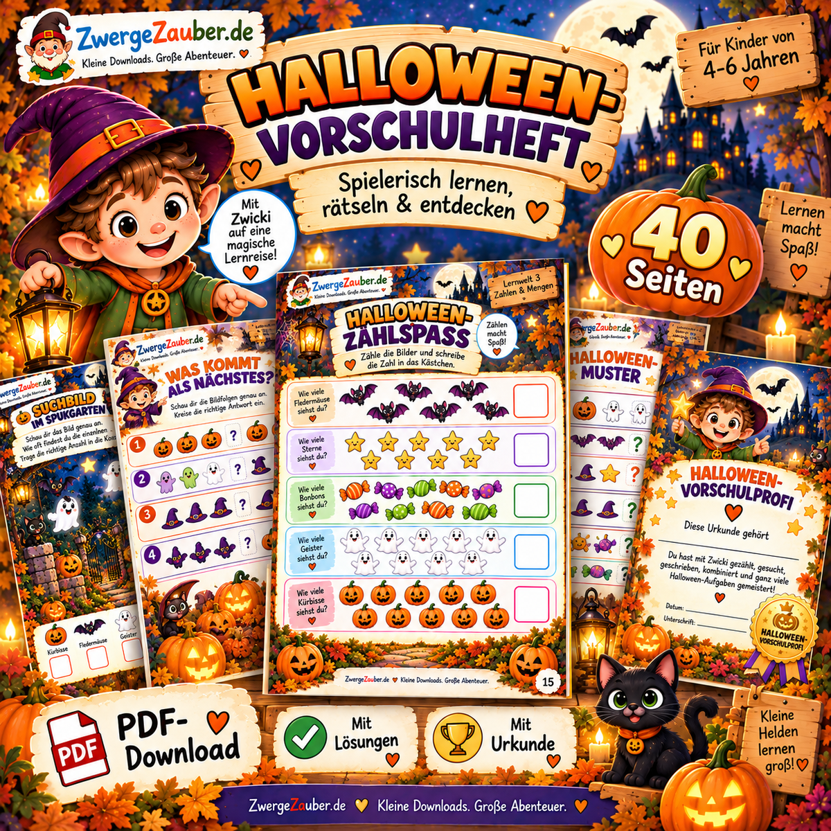 Halloween-Vorschulheft für Kinder von 4 bis 6 Jahren mit 40 Seiten, Zwicki, Lernspielen, Rätseln, Zahlen, Mustern und Urkunde