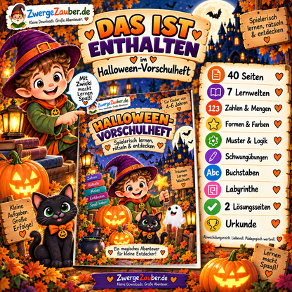 Das ist enthalten im Halloween-Vorschulheft: 40 Seiten mit sieben Lernwelten, Zahlen, Formen, Farben, Mustern, Buchstaben, Labyrinthen, Lösungen und Urkunde