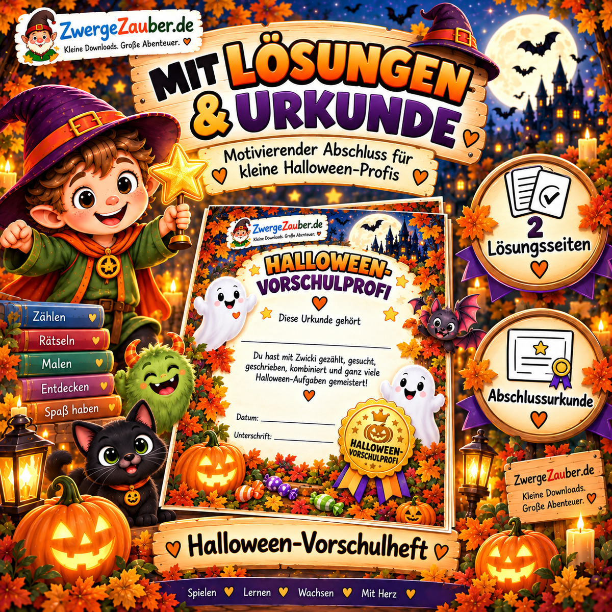 Halloween-Vorschulheft mit zwei Lösungsseiten und Abschlussurkunde zum Ausdrucken für kleine Halloween-Vorschulprofis