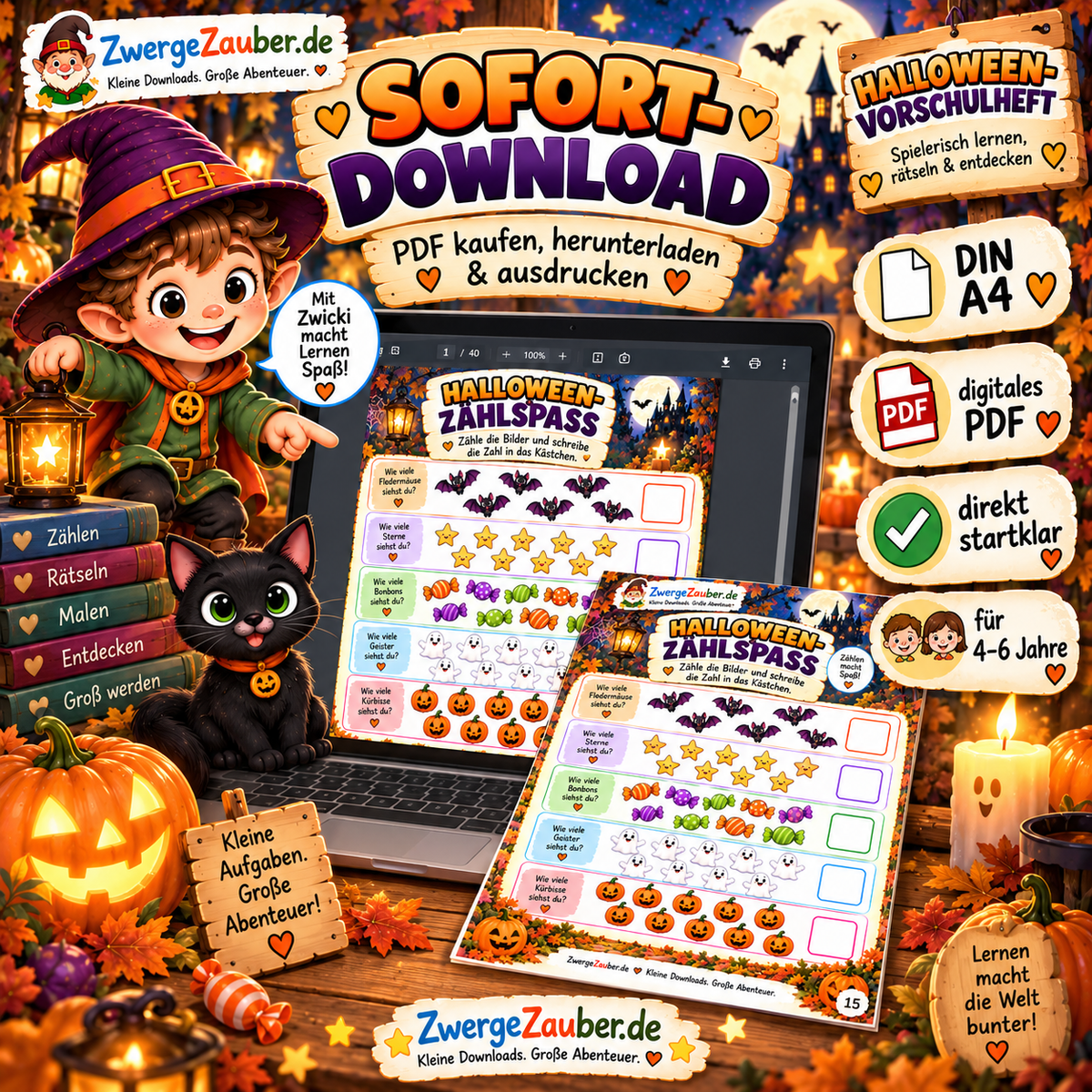 Halloween-Vorschulheft als digitaler PDF Sofort-Download im DIN-A4-Format zum Herunterladen und Ausdrucken für Kinder von 4 bis 6 Jahren