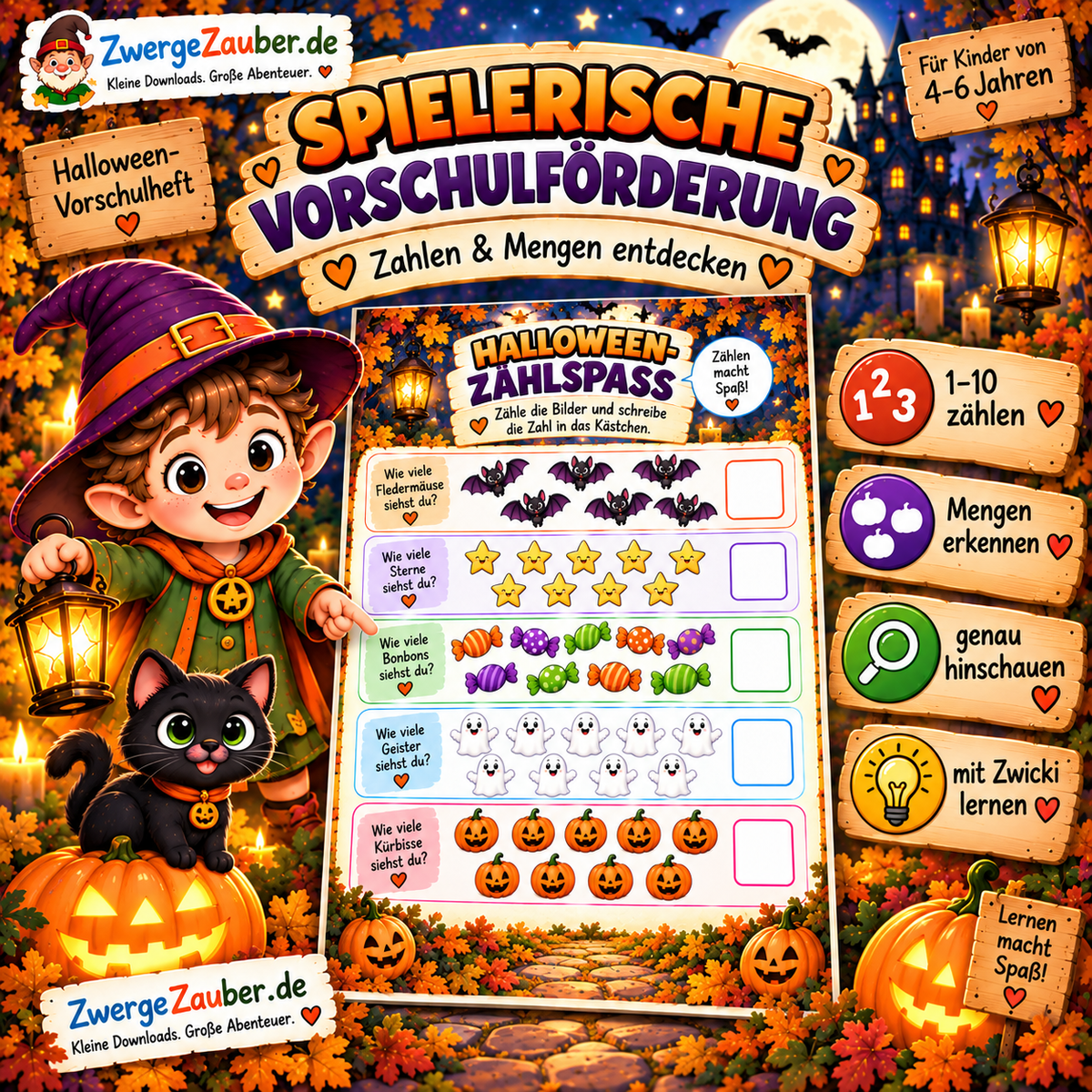 Spielerische Halloween-Vorschulförderung mit Zählaufgaben, Zahlen von 1 bis 10, Mengen erkennen und Konzentrationsübungen für Kinder von 4 bis 6 Jahren