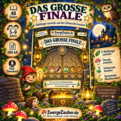 Großes Finale der Hexenwald-Schatzsuche mit sechs Waldsiegeln, Zaubertür, Türcode und spannendem Schatzcode-Rätsel für Kinder