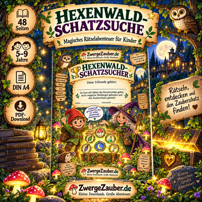 Hexenwald-Schatzsuche von ZwergeZauber – magisches Rätselabenteuer für Kinder von 5 bis 9 Jahren mit 48 Seiten als PDF-Download