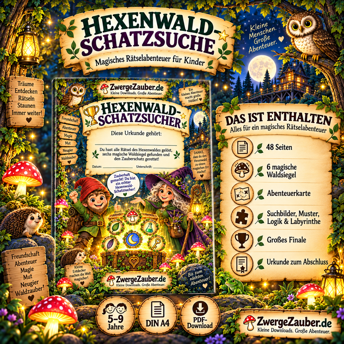 Hexenwald-Schatzsuche Inhalt mit 48 Seiten, sechs Waldsiegeln, Abenteuerkarte, Suchbildern, Logikrätseln, Labyrinthen, Finale und Urkunde