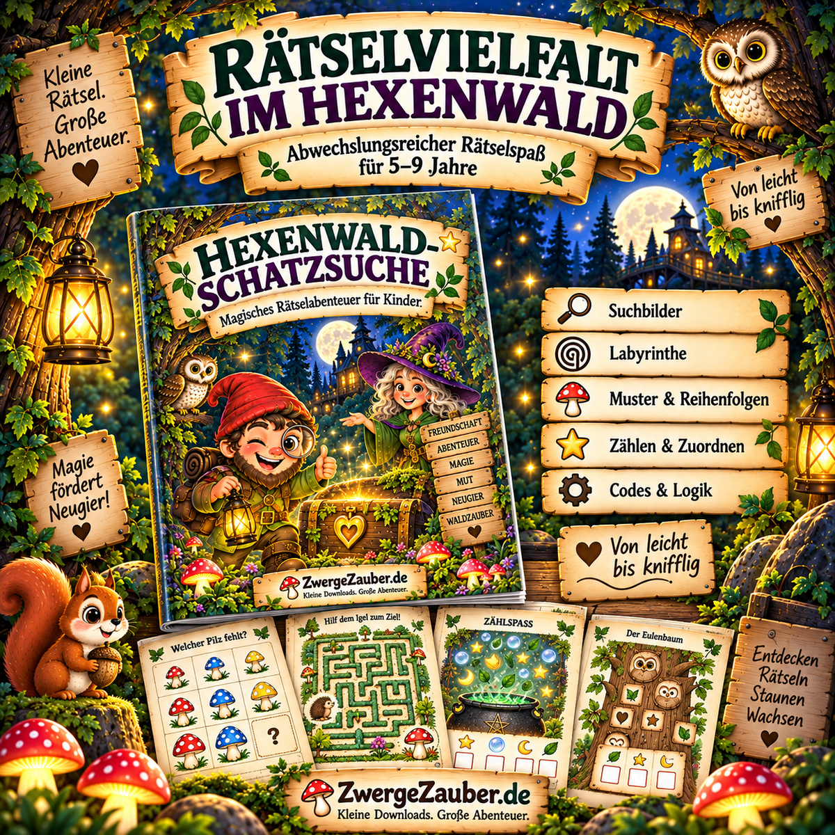 Rätselvielfalt der Hexenwald-Schatzsuche mit Suchbildern, Labyrinthen, Mustern, Zählaufgaben und Logikrätseln für Kinder von 5 bis 9 Jahren