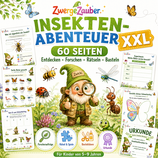 Insekten-Abenteuer XXL von ZwergeZauber mit 60 Seiten zum Entdecken, Forschen, Rätseln und Basteln für Kinder von 5 bis 9 Jahren