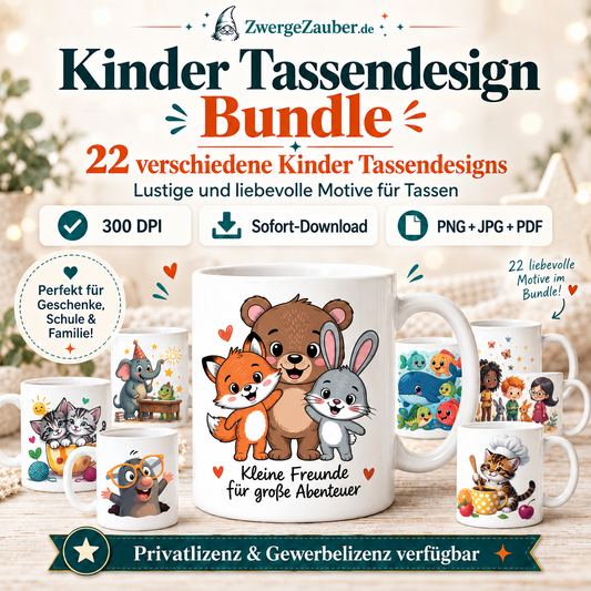 Kinder Tassendesign Bundle mit 22 liebevollen Motiven als digitaler Download von ZwergeZauber