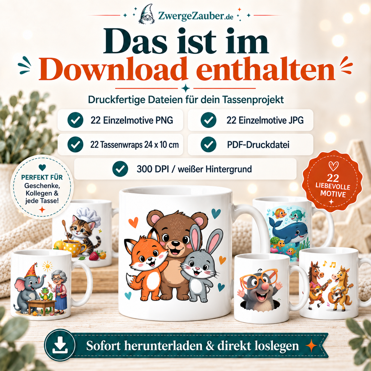 Inhalt des Kinder Tassendesign Bundles mit 22 Motiven, PNG, JPG, Tassenwrap und PDF Druckdatei