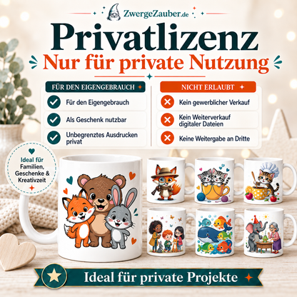 Privatlizenz für das Kinder Tassendesign Bundle mit 22 Motiven für private Tassen und Geschenkprojekte