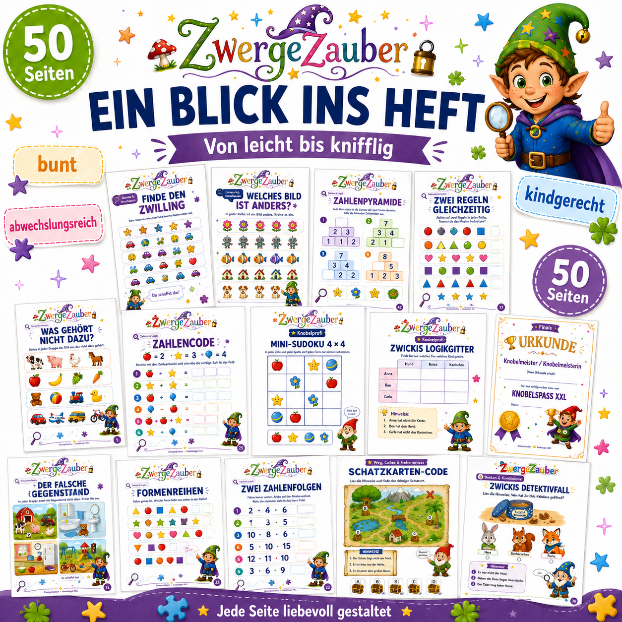 Einblick in 50 Seiten Knobelspaß XXL mit abwechslungsreichen Rätseln, Sudoku, Codes und Logikaufgaben