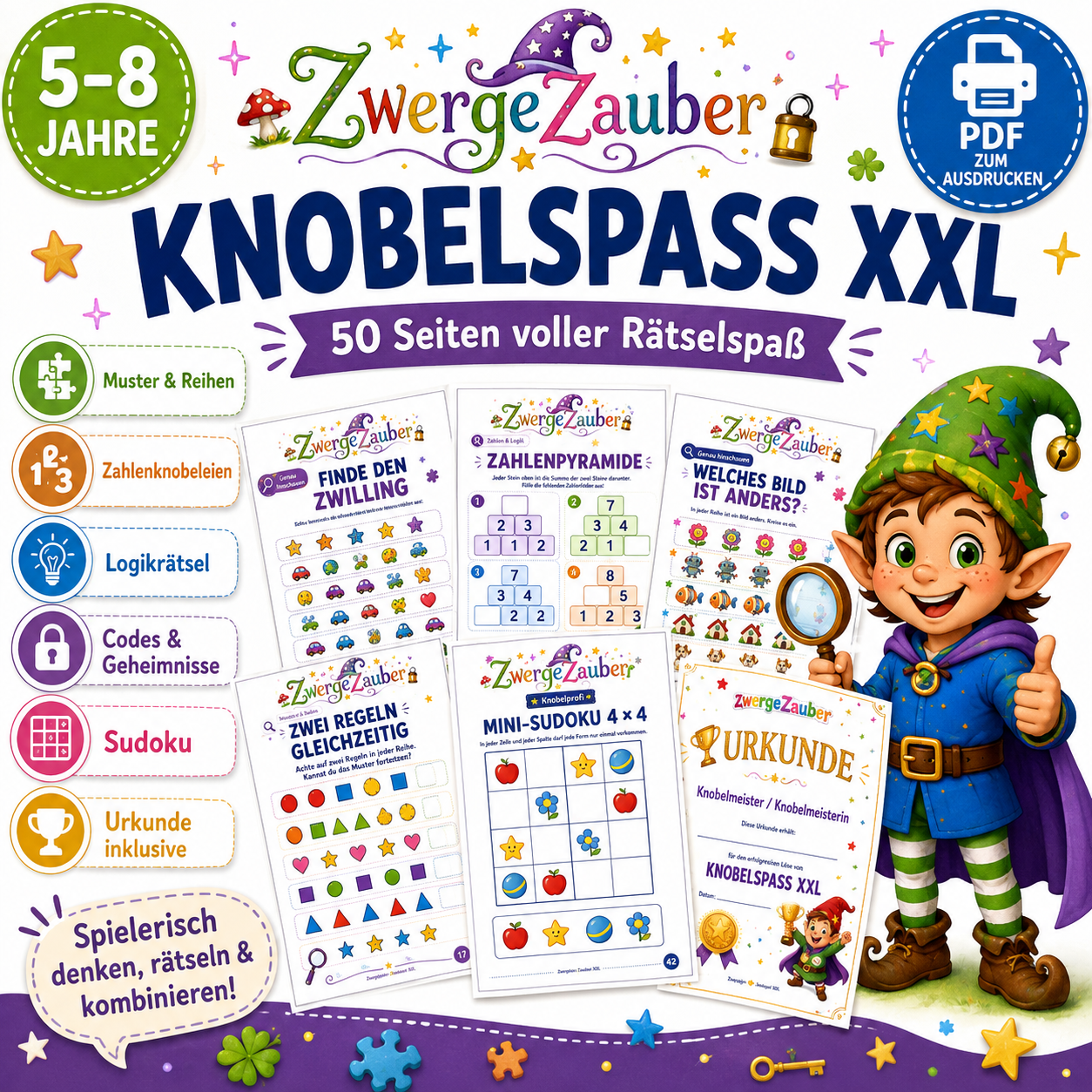 Knobelspaß XXL von ZwergeZauber mit 50 Seiten Rätselspaß für Kinder von 5 bis 8 Jahren