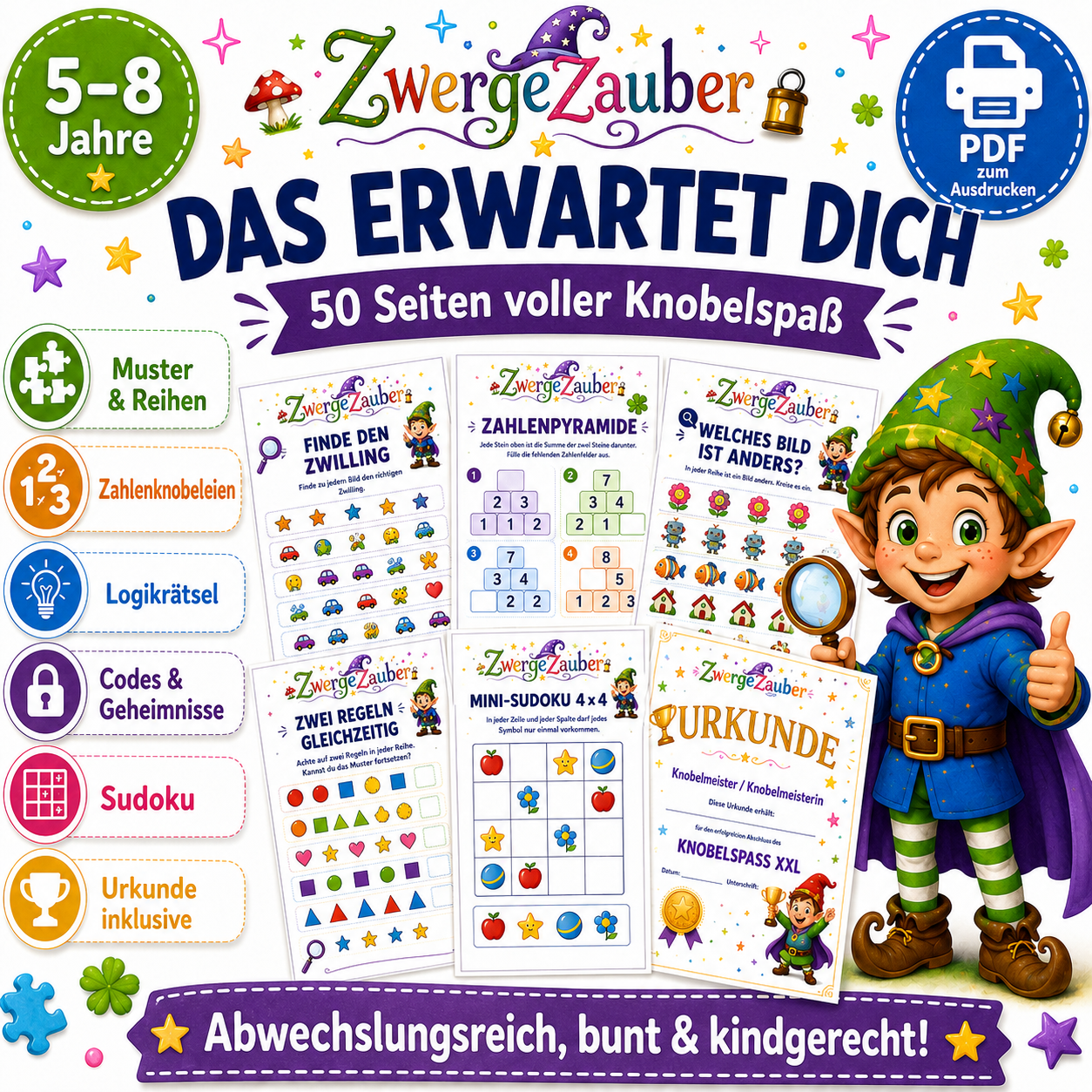 Inhalt von Knobelspaß XXL mit Muster, Zahlenknobeleien, Logikrätseln, Codes, Sudoku und Urkunde