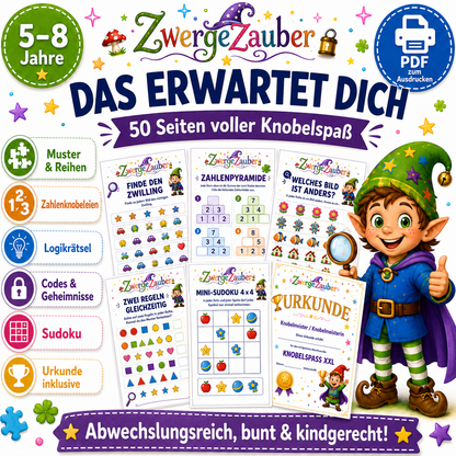 Inhalt von Knobelspaß XXL mit Muster, Zahlenknobeleien, Logikrätseln, Codes, Sudoku und Urkunde