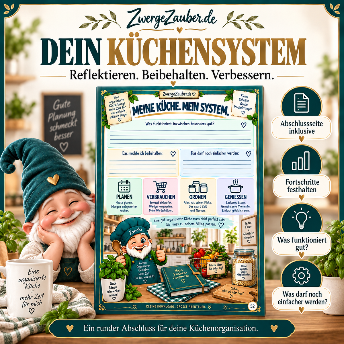 Abschlussseite Mein Küchensystem im Küchen-Organizer XXL zum Reflektieren, Beibehalten und Verbessern der Küchenorganisation