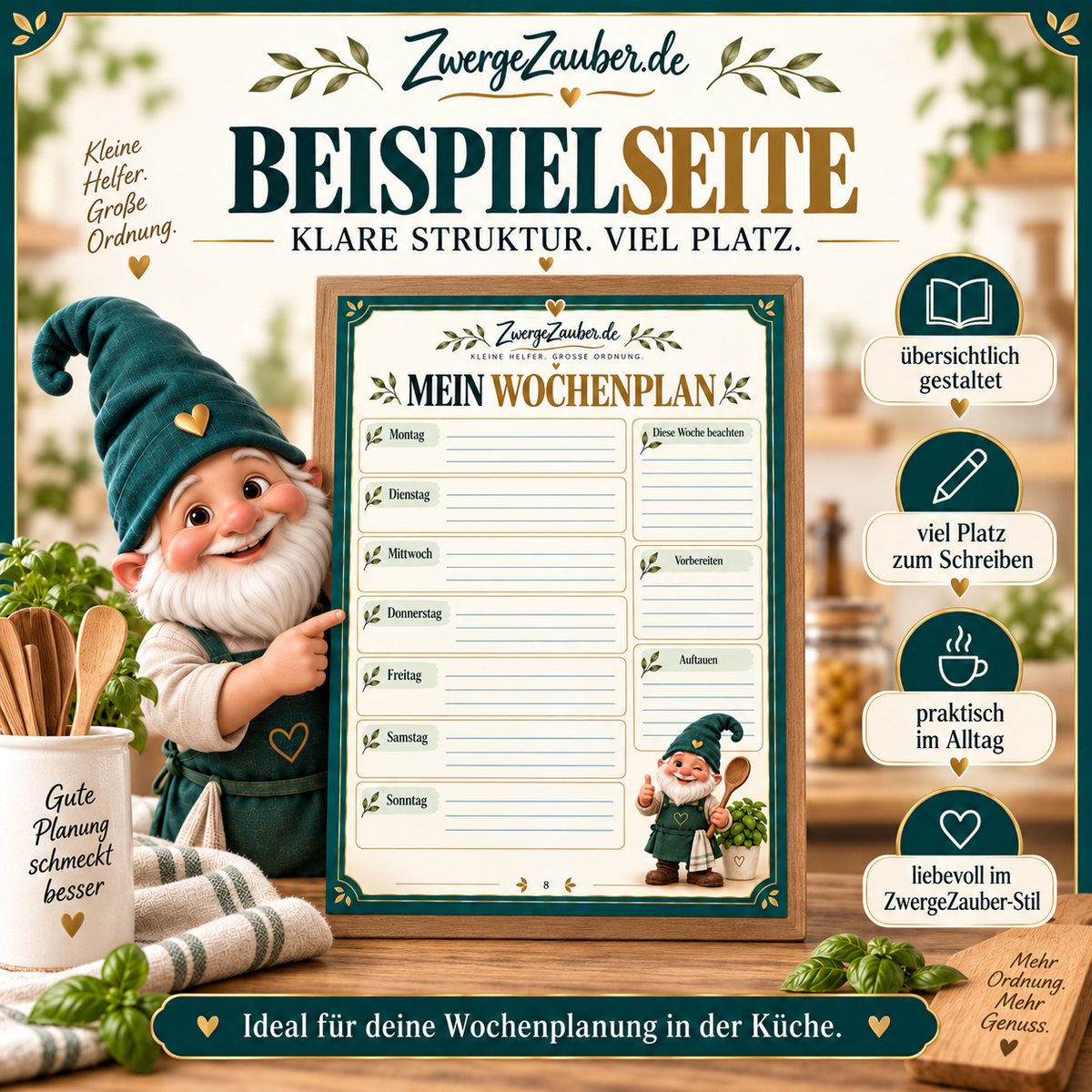 Beispielseite Wochenplan aus dem Küchen-Organizer XXL von ZwergeZauber mit viel Platz für die wöchentliche Essensplanung