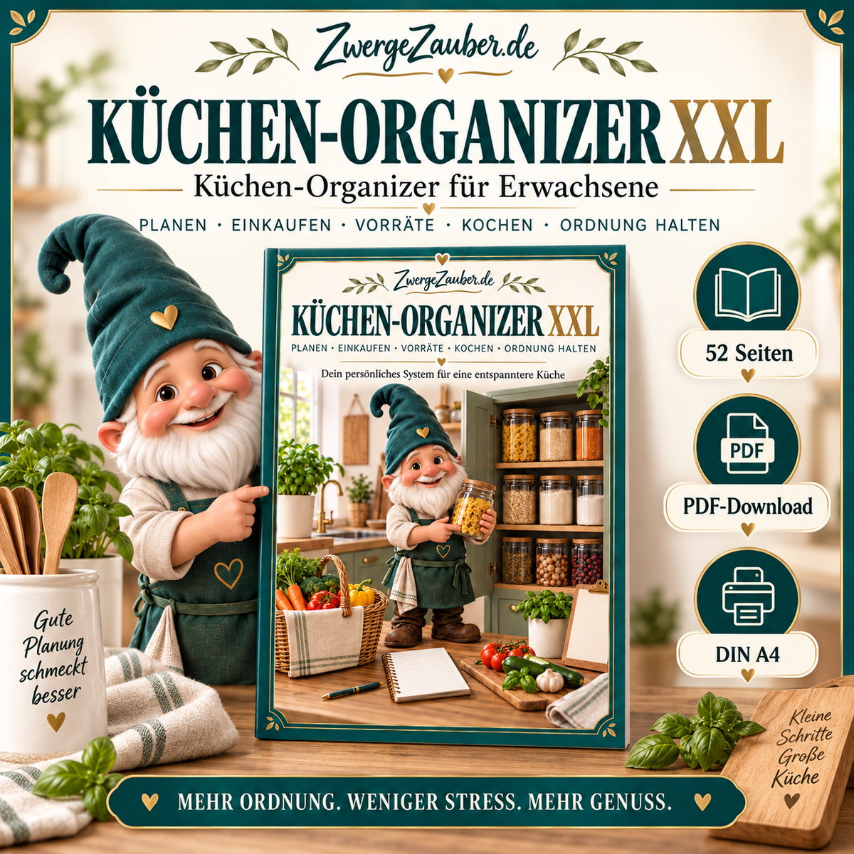Küchen-Organizer XXL von ZwergeZauber mit 52 Seiten für Essensplanung, Einkauf, Vorräte, Rezepte und Küchenorganisation als PDF-Download