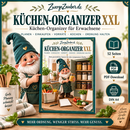 Küchen-Organizer XXL von ZwergeZauber mit 52 Seiten für Essensplanung, Einkauf, Vorräte, Rezepte und Küchenorganisation als PDF-Download
