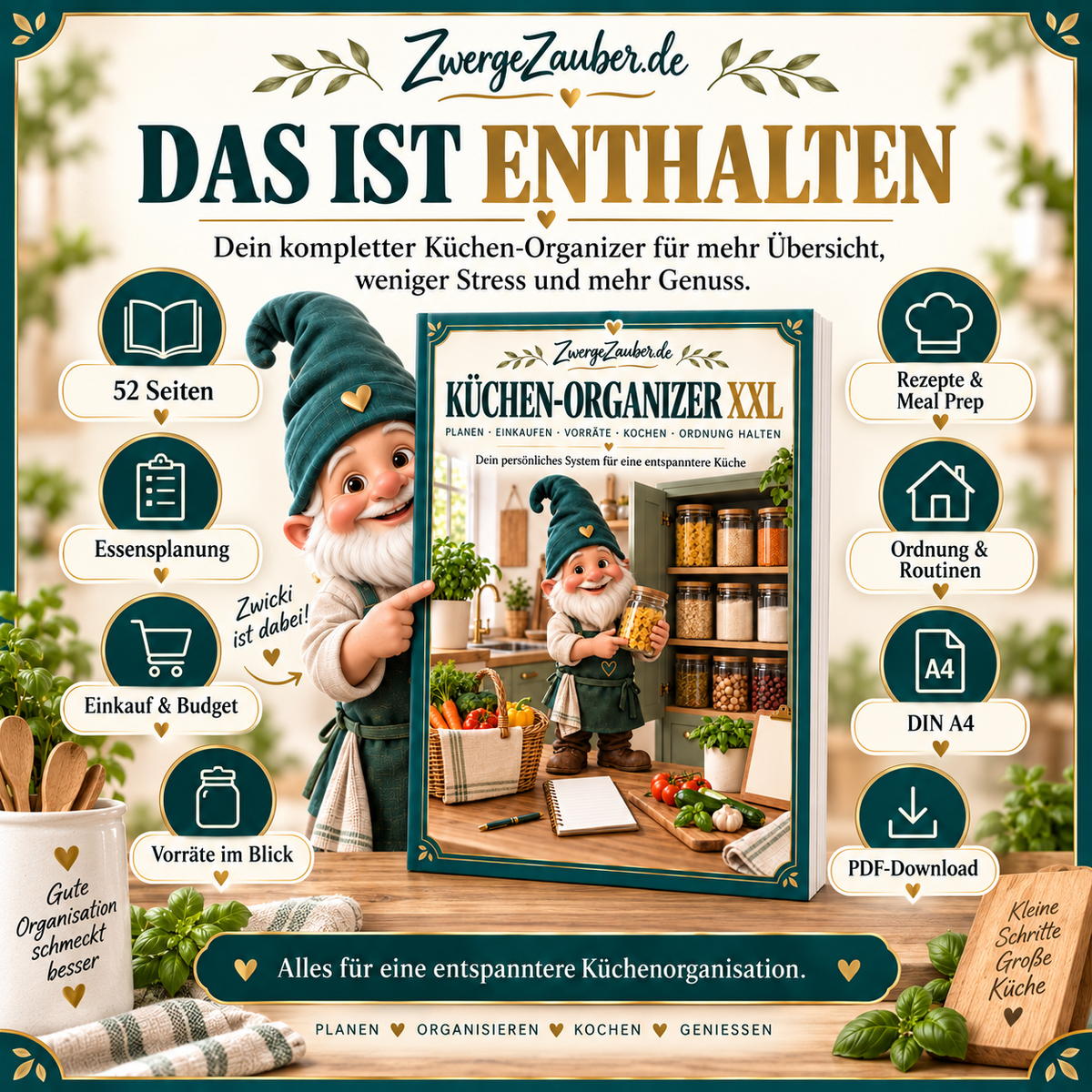 Küchen-Organizer XXL mit 52 Seiten zu Essensplanung, Einkauf und Budget, Vorräten, Meal Prep sowie Ordnung und Routinen