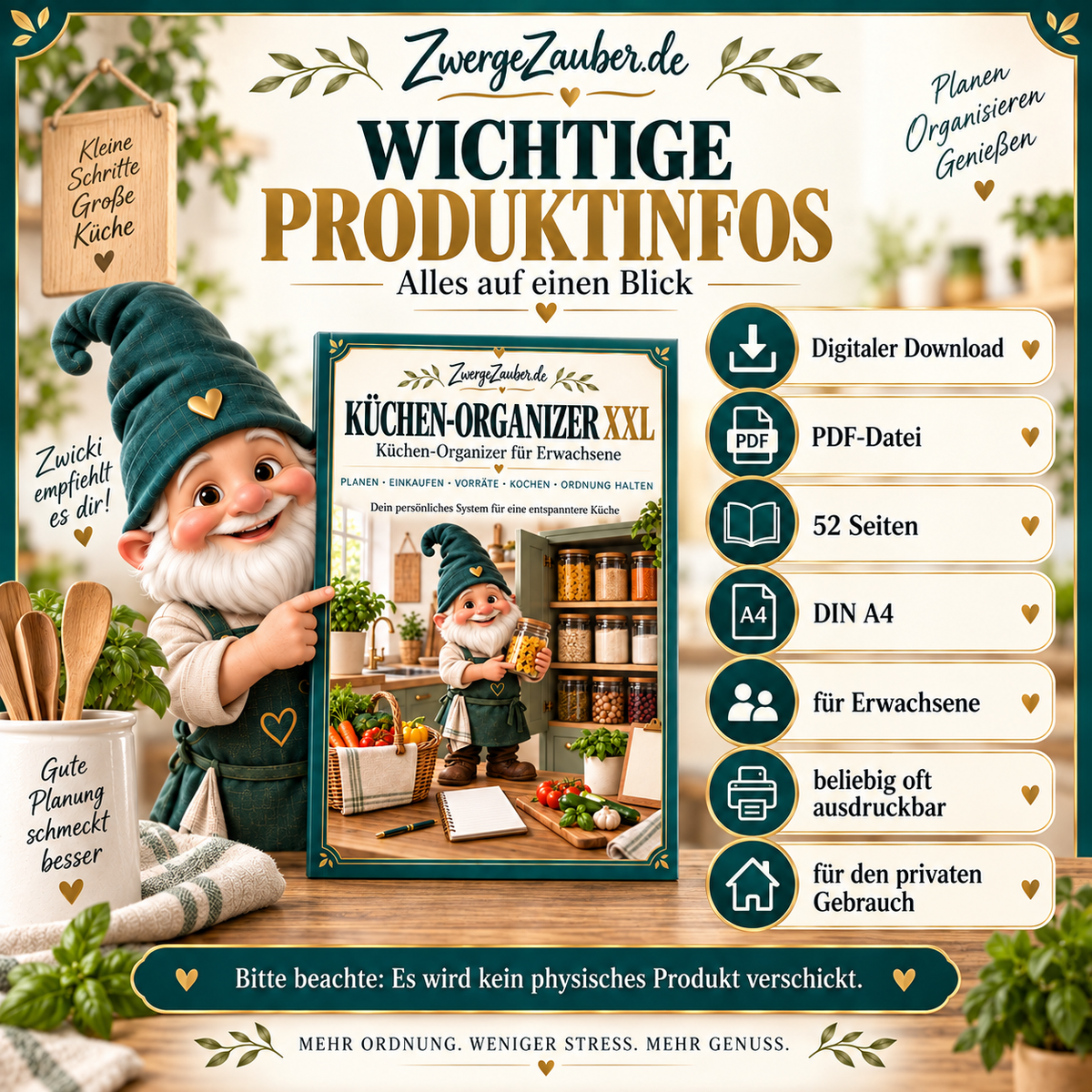 Produktinformationen zum Küchen-Organizer XXL von ZwergeZauber mit 52 DIN-A4-Seiten als digitaler PDF-Download für Erwachsene