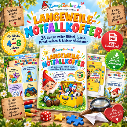Langeweile-Notfallkoffer PDF für Kinder von 4–8 Jahren mit 36 Seiten voller Rätsel, Spiele und Kreativideen