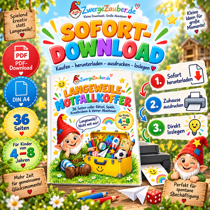 Langeweile-Notfallkoffer als sofortiger PDF Download im DIN-A4-Format zum Ausdrucken für Kinder von 4–8 Jahren
