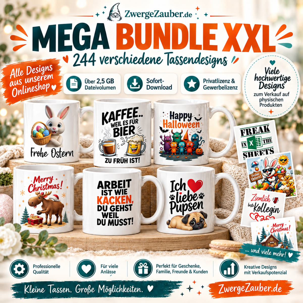 ZwergeZauber Mega Bundle XXL mit 244 verschiedenen Tassendesigns, über 2,5 GB Dateivolumen sowie Privat- und Gewerbelizenz