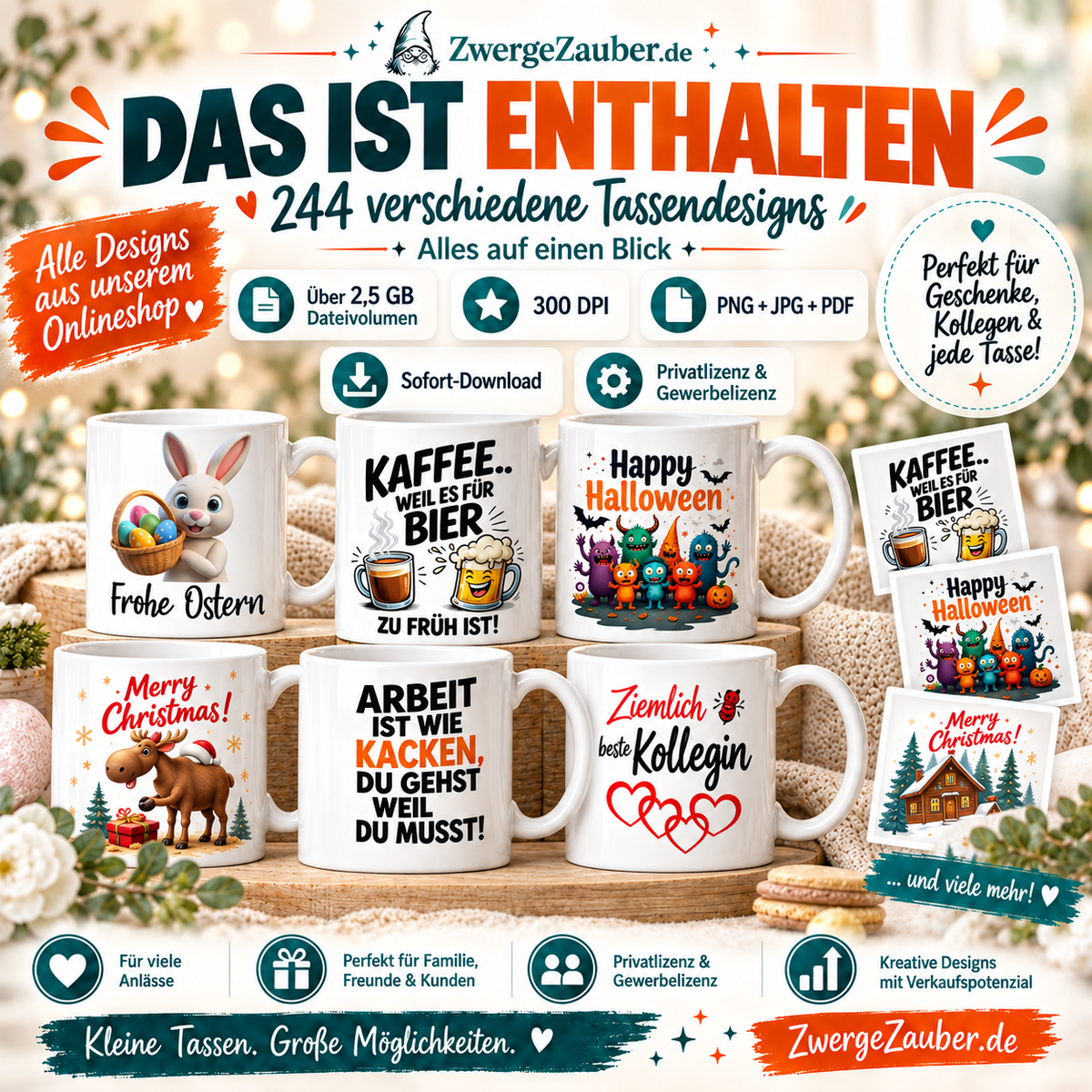 Inhalt des ZwergeZauber Mega Bundle XXL mit 244 Tassendesigns, 300 DPI, PNG JPG PDF und über 2,5 GB Dateien