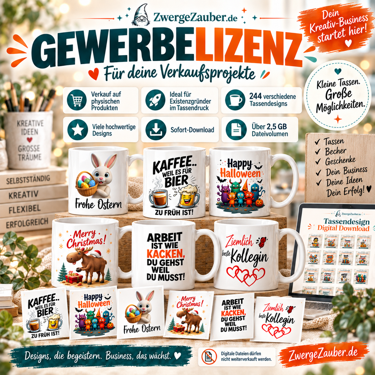 Gewerbelizenz für 244 ZwergeZauber Tassendesigns zum Verkauf selbst hergestellter physischer Produkte